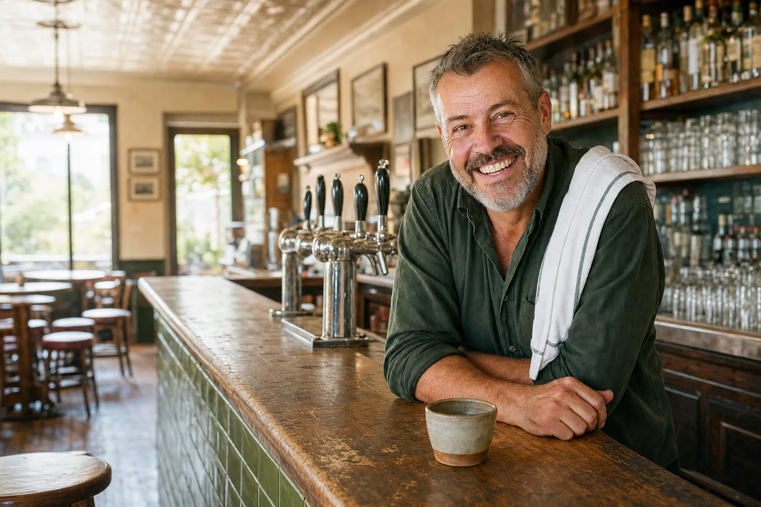 Norm, a friendly hospitality manager in a green work shirt, leaning on the bar of a classic pub with a coffee and grinning at you.